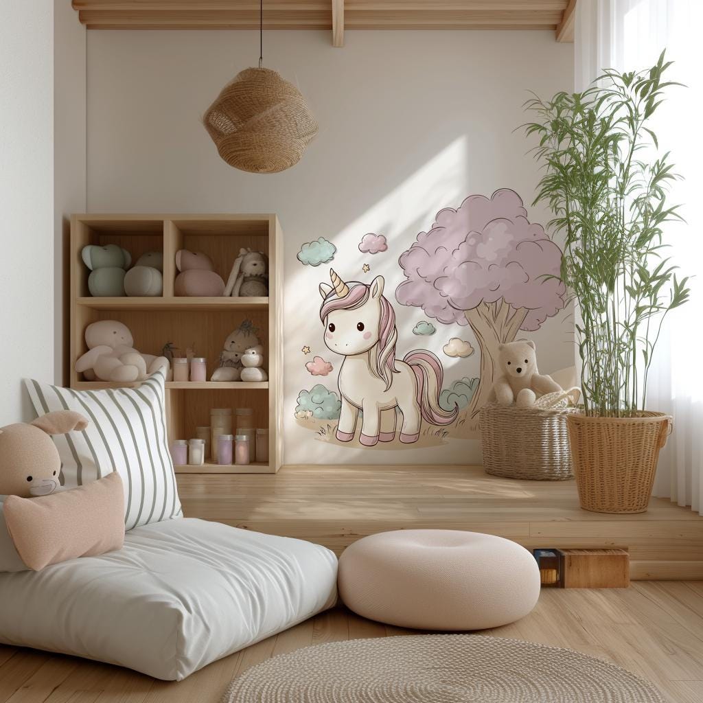 Printed vinyl wall artwork showing a pastel unicorn with a whimsical tree, soft clouds and stars