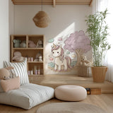 Printed vinyl wall artwork showing a pastel unicorn with a whimsical tree, soft clouds and stars