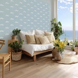 Printed vinyl wall artwork showing a repeating set of thirty stylized ocean wave shapes