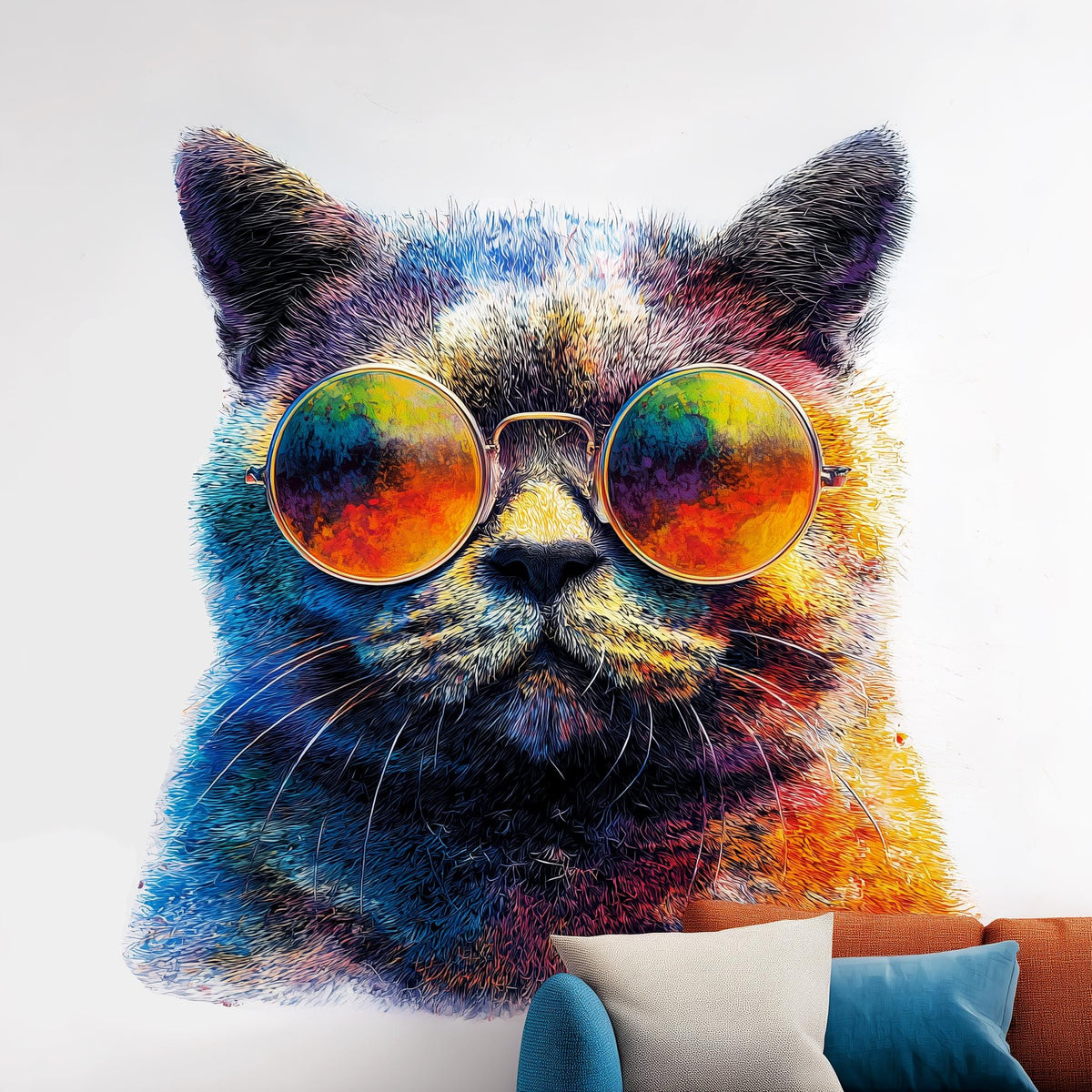 Cool Cat Wall Decal featuring a colorful illustrated cat wearing oversized reflective sunglasses