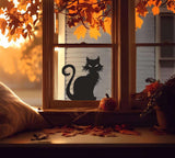Halloween Cat Window Decal featuring an arched black Halloween cat silhouette with raised fur and pointed ears