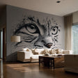 Printed wall decal of a detailed black-and-white cat face with intense eyes.