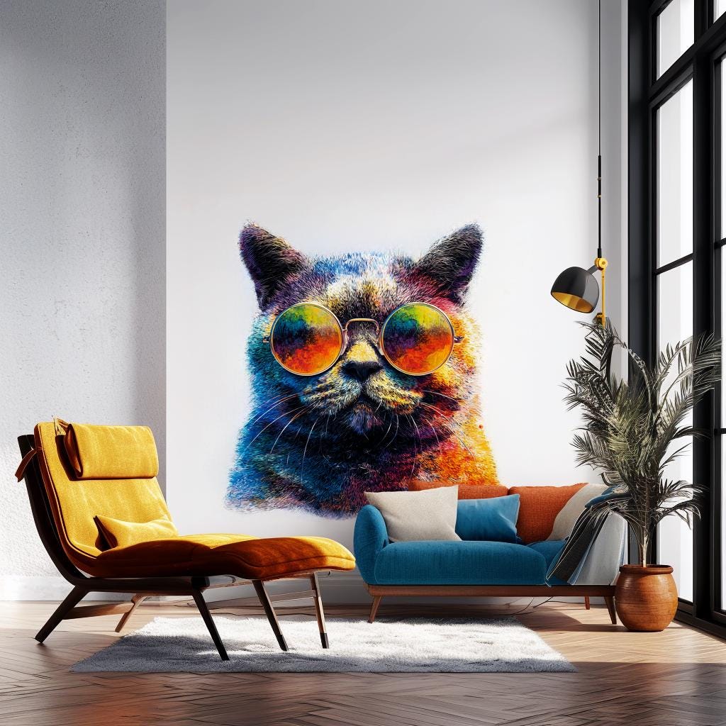 Printed vinyl wall artwork showing a colorful illustrated cat wearing oversized reflective sunglasses
