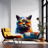 Printed vinyl wall artwork showing a colorful illustrated cat wearing oversized reflective sunglasses