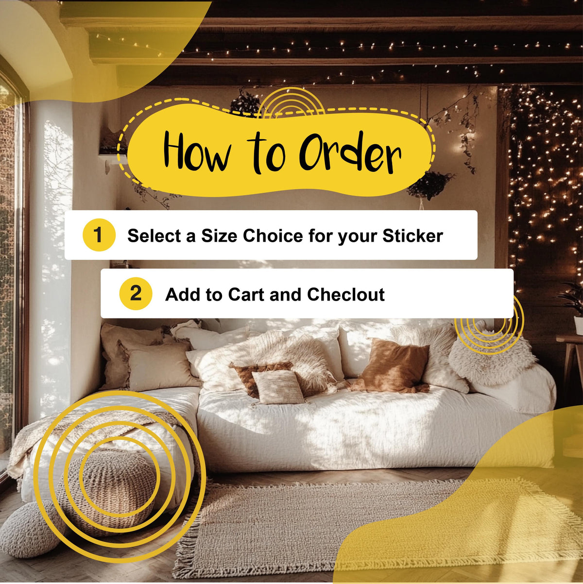 How to order Decords wall decals: choose the sticker size, add to cart and finish checkout.