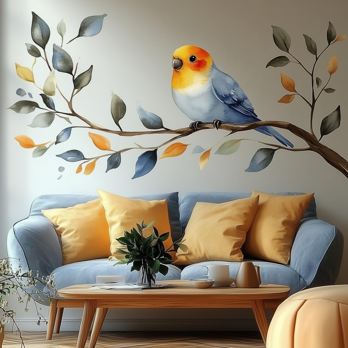 Bird on Branch Wall Decal featuring a watercolor bird perched on a leafy branch