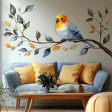 Bird on Branch Wall Decal featuring a watercolor bird perched on a leafy branch
