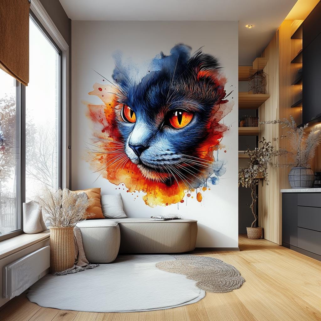Printed vinyl wall artwork depicting an expressive cat portrait with orange red and blue painted splashes
