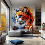 Blue-eyed ginger cat watercolor wall decal above a gray sectional sofa in a modern living room.
