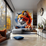 Large watercolor ginger cat wall sticker above a sofa with blue and orange cushions beside tall windows.
