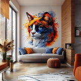Calico Cat Wall Decal Blue Eyed Domestic Shorthair Cat Sticker featuring a blue eyed calico cat with orange cream and blue watercolor markings