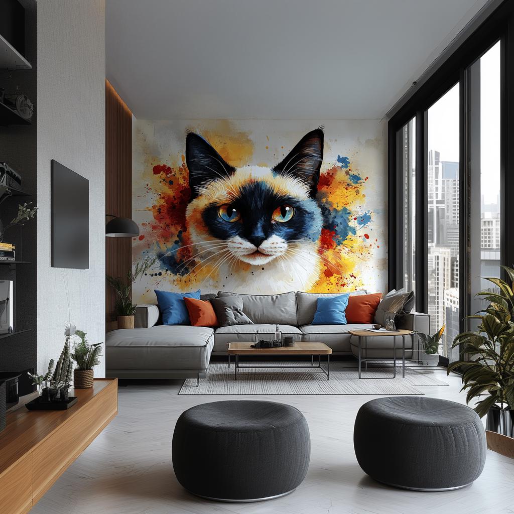Printed vinyl wall artwork depicting a blue eyed Siamese cat portrait with dark markings and watercolor splashes