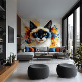 Printed vinyl wall artwork depicting a blue eyed Siamese cat portrait with dark markings and watercolor splashes