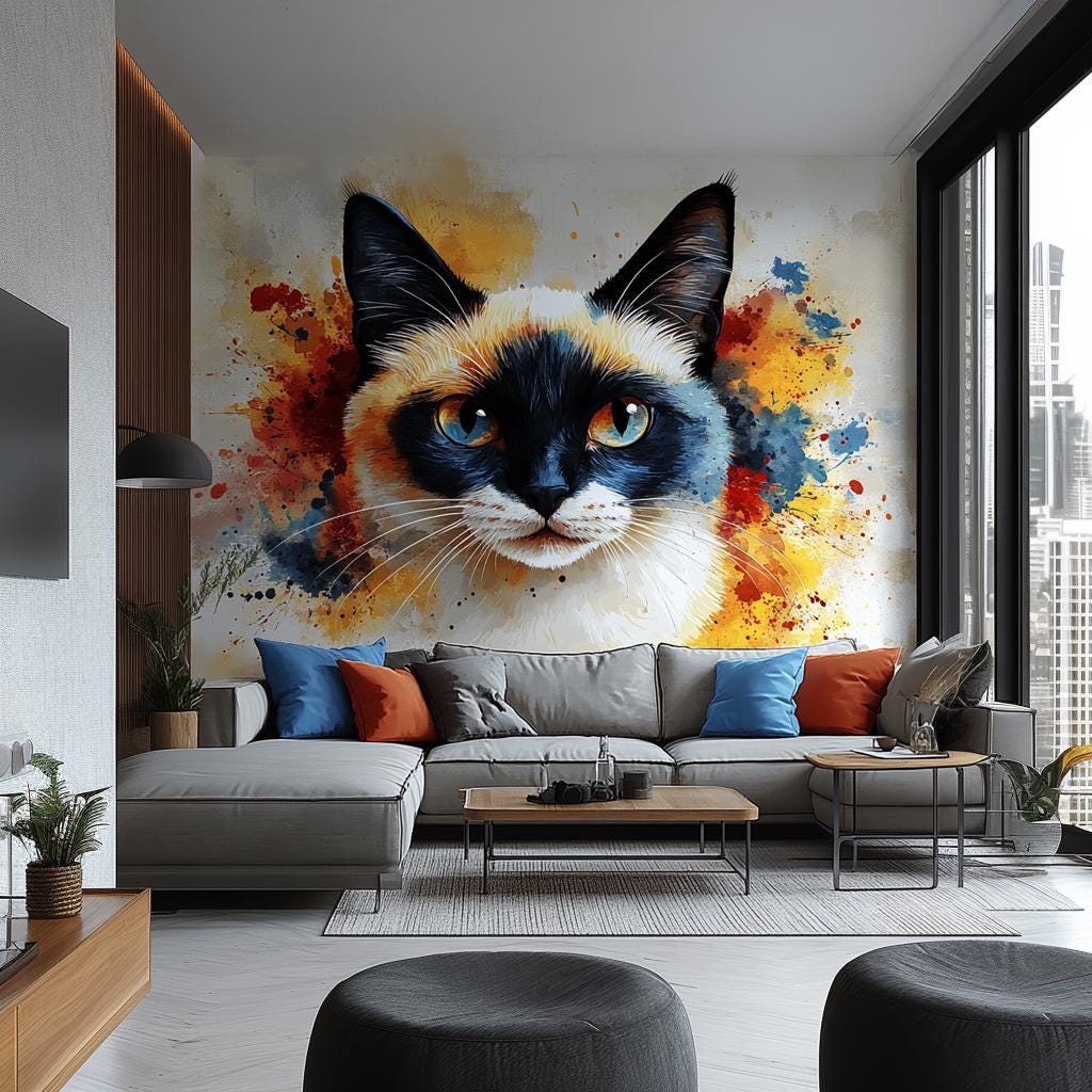 Siamese Cat Wall Decal Blue Eyed Cat Face Vinyl Sticker featuring a blue eyed Siamese cat portrait with dark markings and watercolor splashes