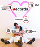 Decords wall sticker benefits graphic with easy installation, removal, waterproof and quality icons, and a family photo.