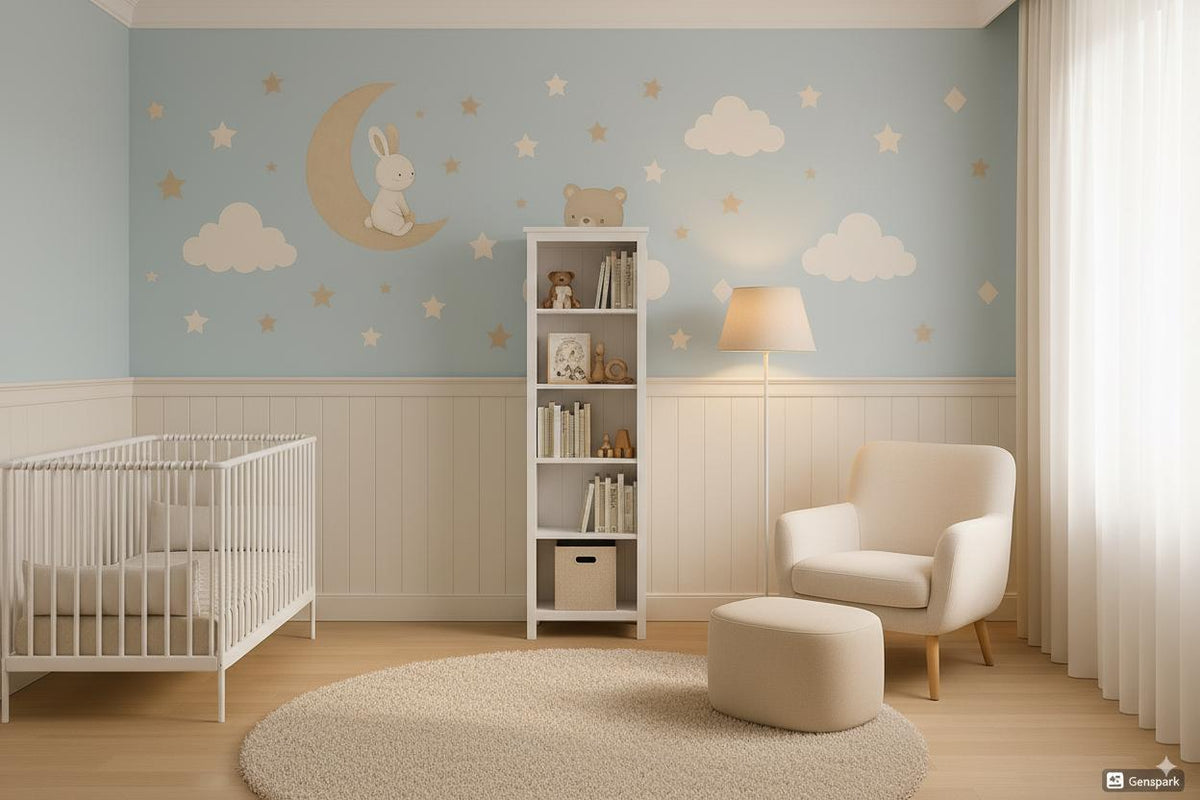 Nursery Wall Decal Set featuring a bunny on a crescent moon, a bear on a cloud and separate stars