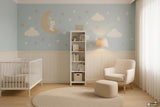 Nursery Wall Decal Set featuring a bunny on a crescent moon, a bear on a cloud and separate stars