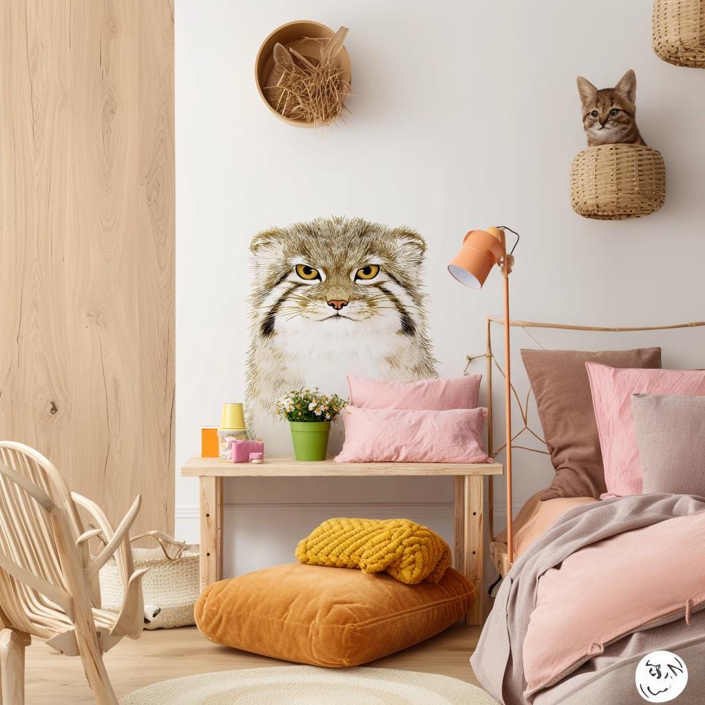 Pallas Cat Wall Decal featuring an illustrated Pallas cat with golden eyes and fluffy fur