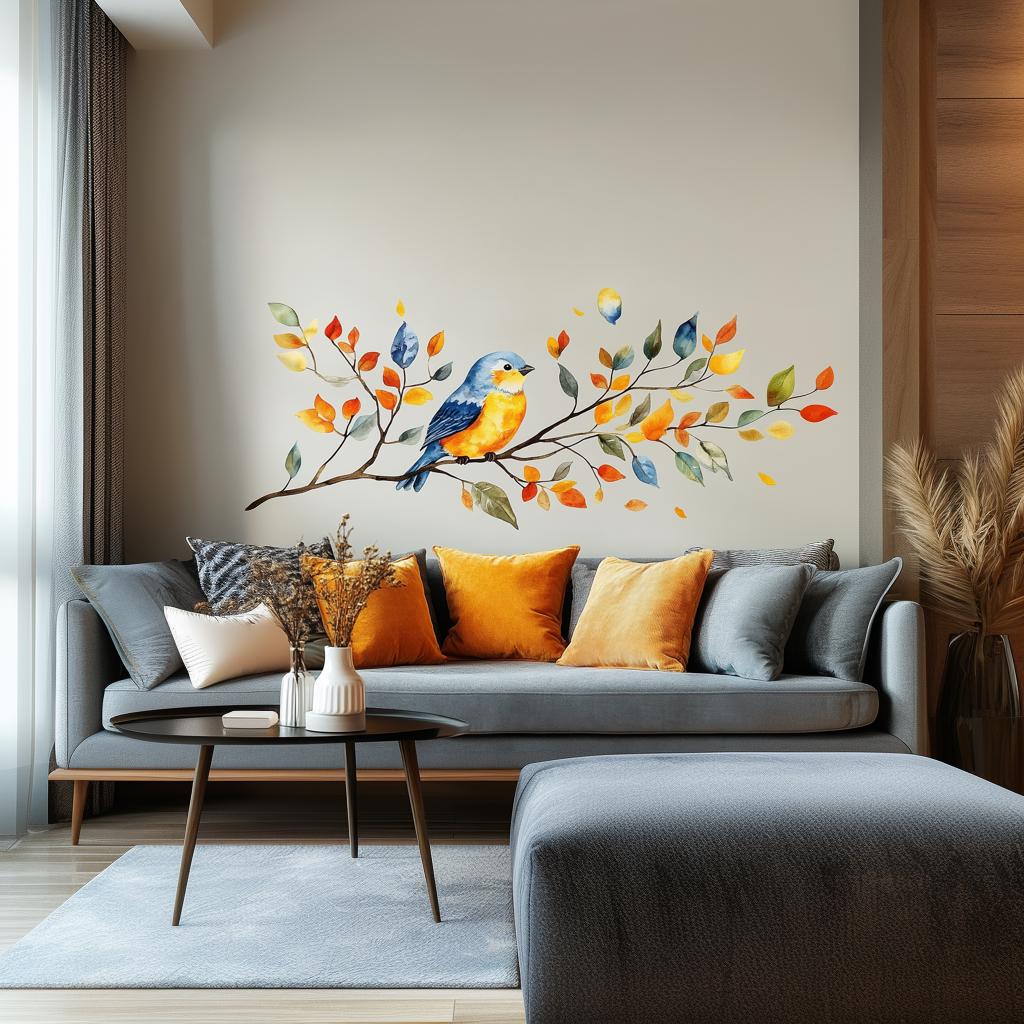 Printed vinyl wall artwork depicting a watercolor bird on a branch with warm autumn colored leaves