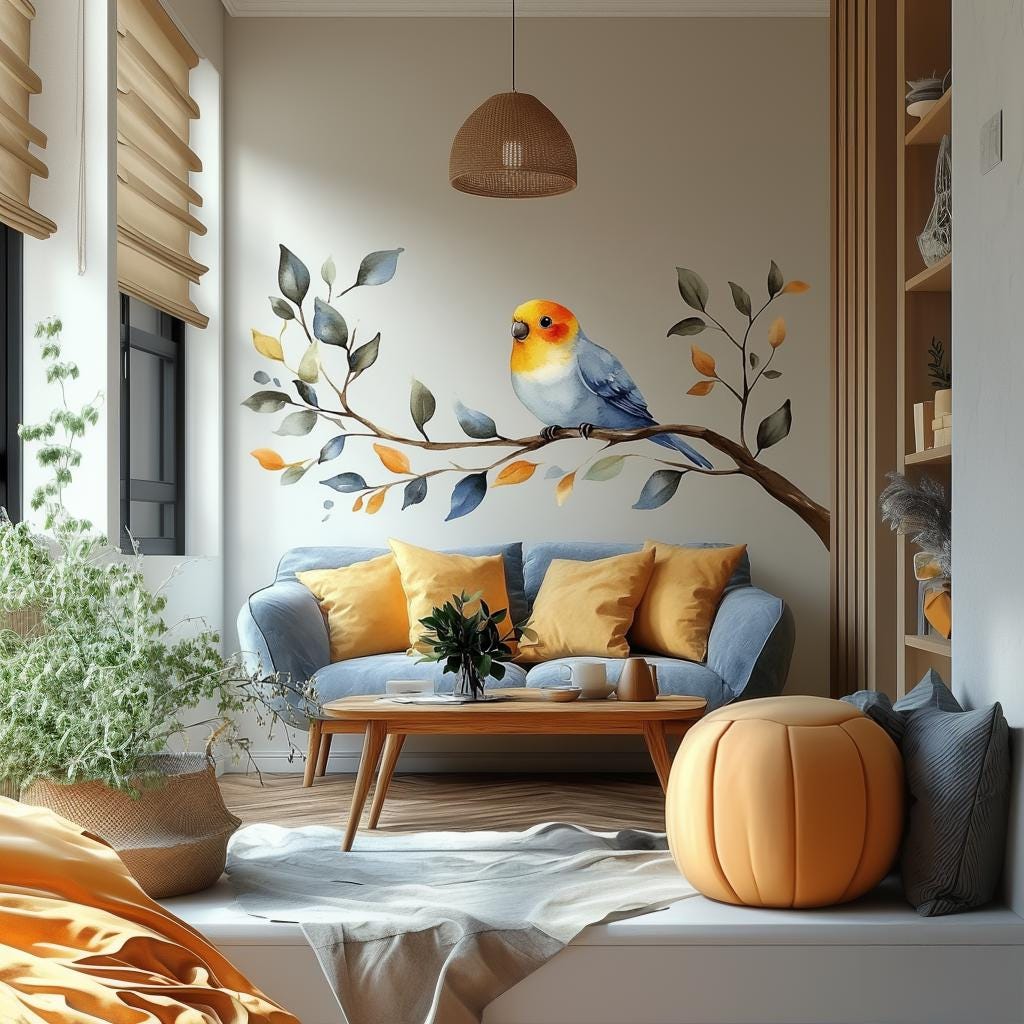 Printed vinyl wall artwork depicting a watercolor bird perched on a leafy branch