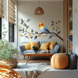 Printed vinyl wall artwork depicting a watercolor bird perched on a leafy branch