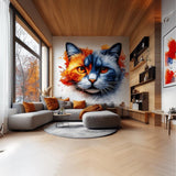 Cat Face Wall Decal featuring a two tone cat face blending vibrant orange and deep blue watercolor