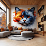 Printed vinyl wall artwork depicting a two tone cat face blending vibrant orange and deep blue watercolor
