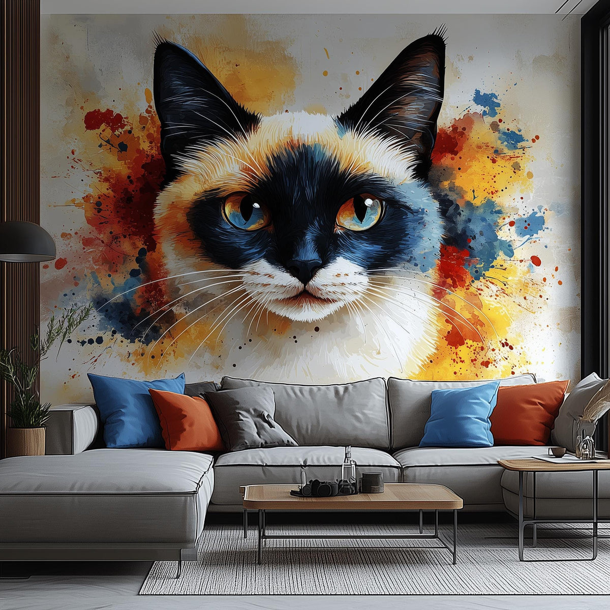 Siamese cat face wall decal in watercolor style with blue eyes, installed in a cozy modern living room