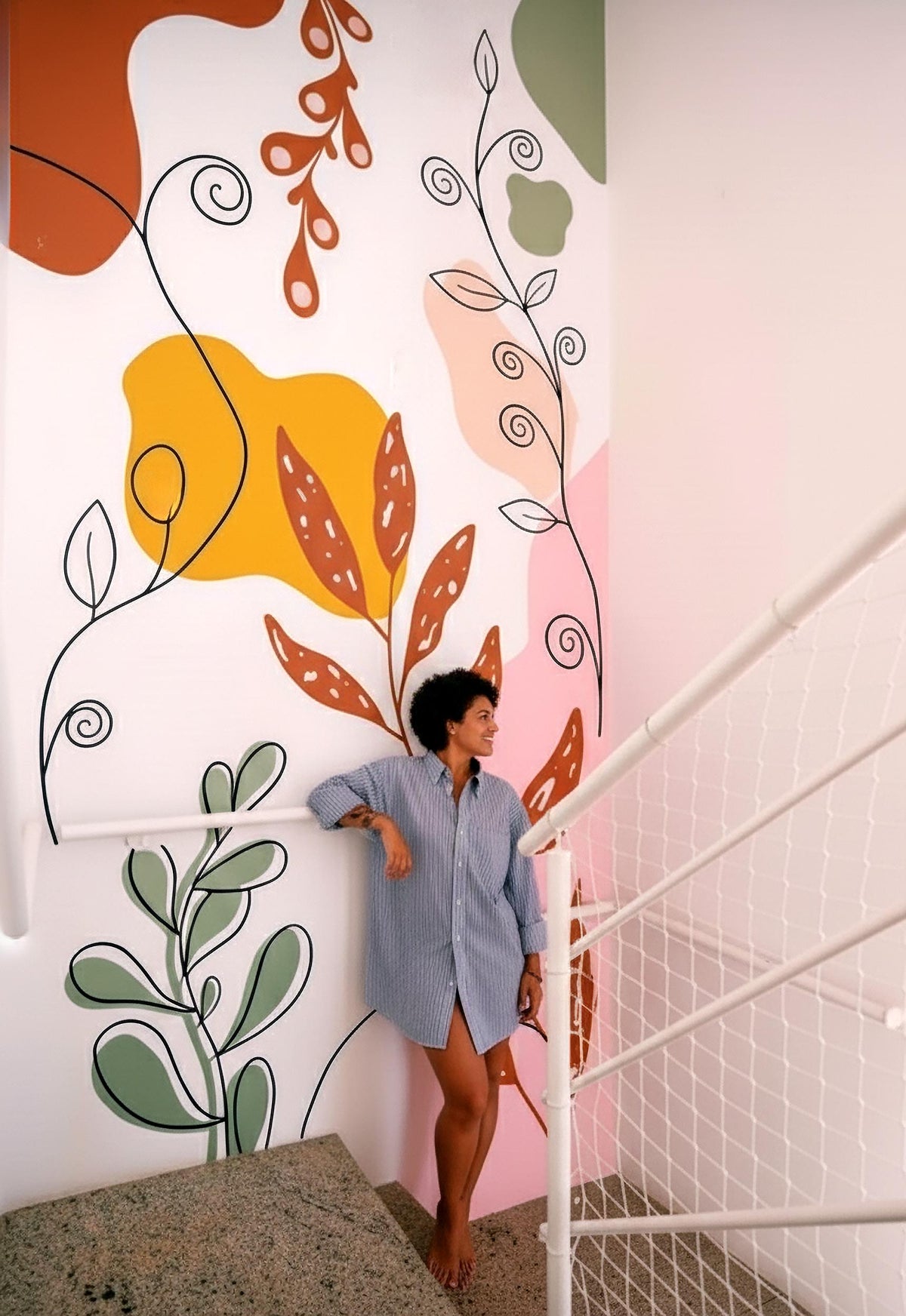 Abstract Botanical Wall Decal Set featuring separate colorful organic leaf shapes and flowing abstract lines