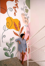 Abstract Botanical Wall Decal Set featuring separate colorful organic leaf shapes and flowing abstract lines