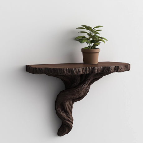 A dark brown 3D printed wall-mounted shelf with a sculpted, twisted tree root-style support and a matte finish.
