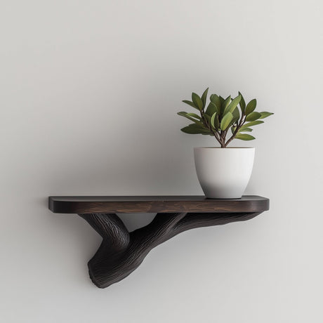 Dark wood-effect 3D printed floating wall shelf with realistic tree branch structure.