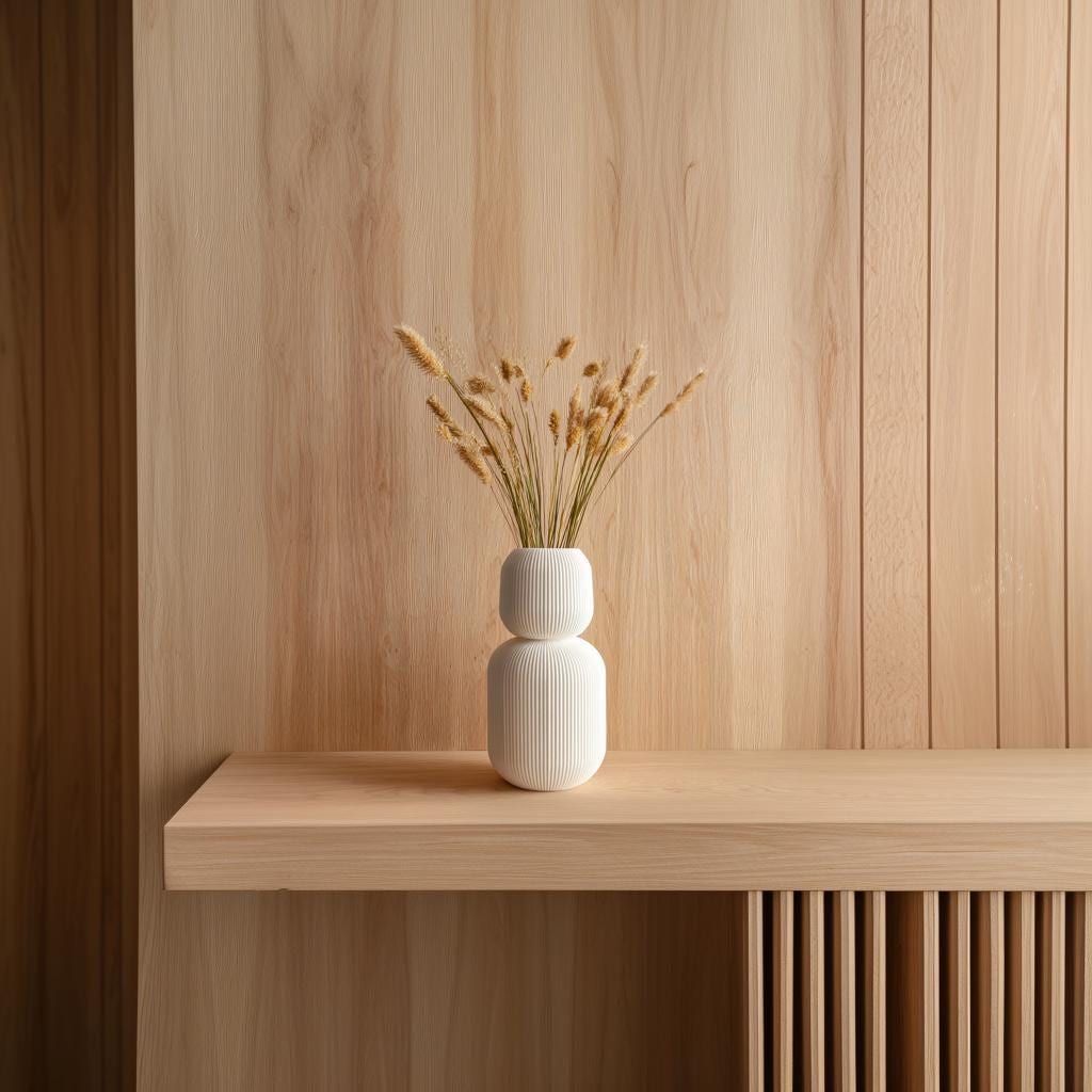 Stacked Geometric Vase featuring ribbed texture, holding dried grass stems