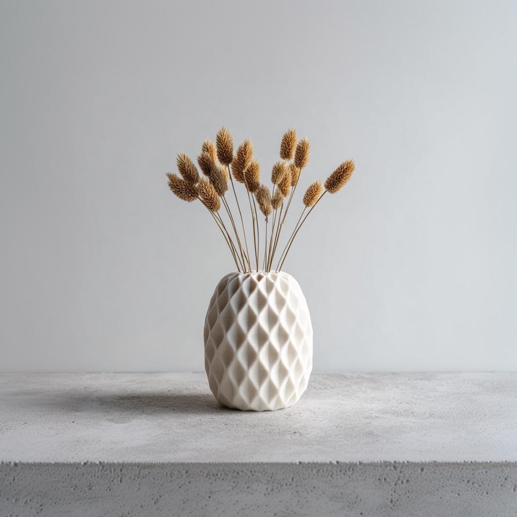 Geometric Vase featuring diamond textured surface, holding dried beige flowers