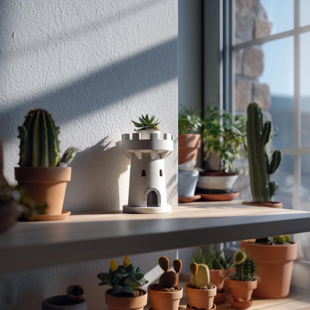 3D printed Castle Tower Planter with succulent on a windowsill