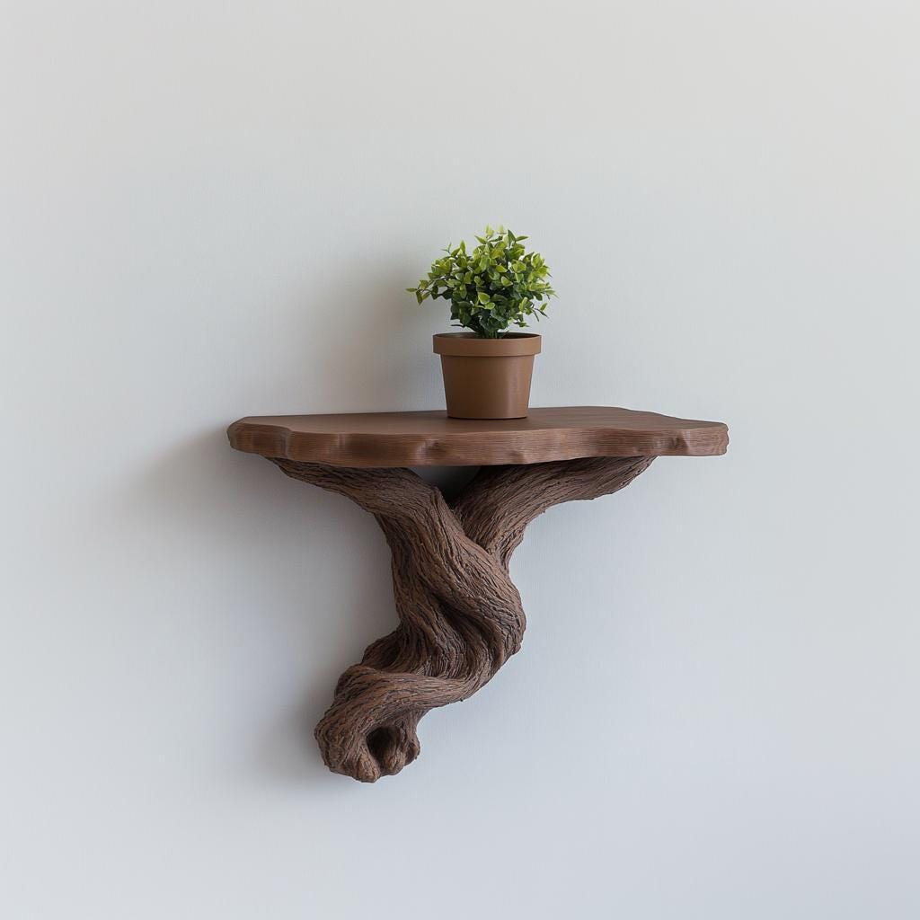 3D printed tree root floating shelf with small potted plant placed on top