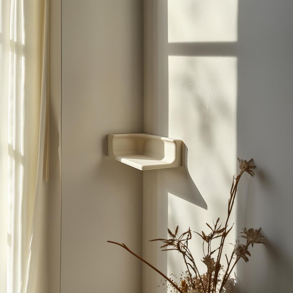 3D printed Corner Display Wall Shelf with compact ledge designed for an approximately 90 degree inside corner