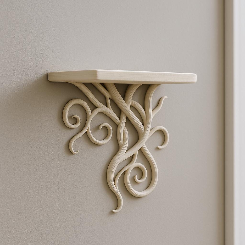 3D printed botanical vine wall shelf with intricate curling vine like supports in a light matte finish