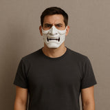 3D printed white oni samurai half mask with fierce, snarling expression and visible fangs