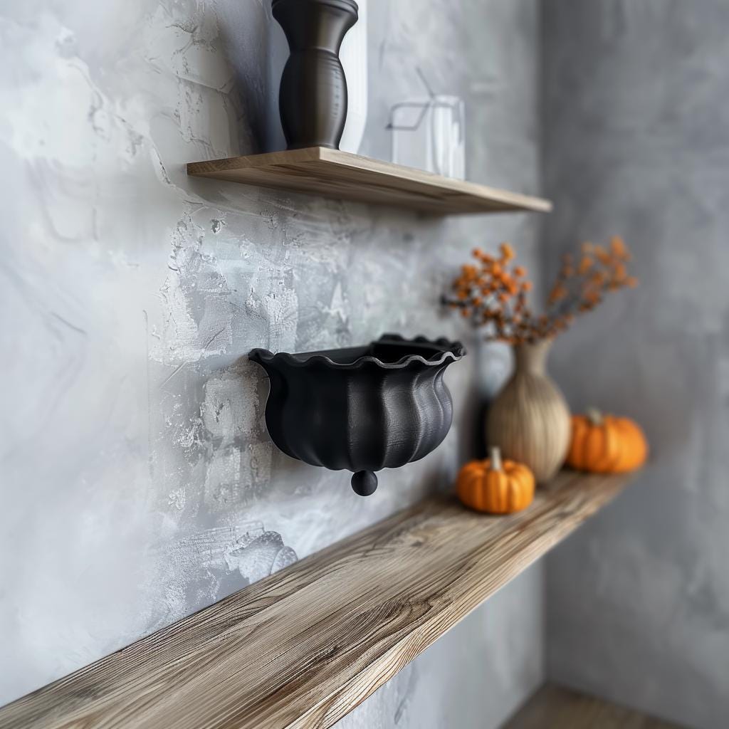 Witch Cauldron Wall Shelf featuring wavy rim and matte PLA texture