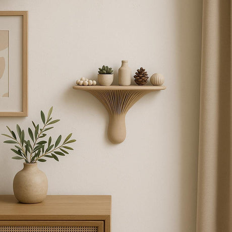 Beige 3D printed mushroom-shaped shelf mounted on a neutral wall, styled with minimalist decor pieces.
