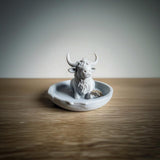 Product presentation view of 3D Printed Cow Ring and Jewelry Dish.