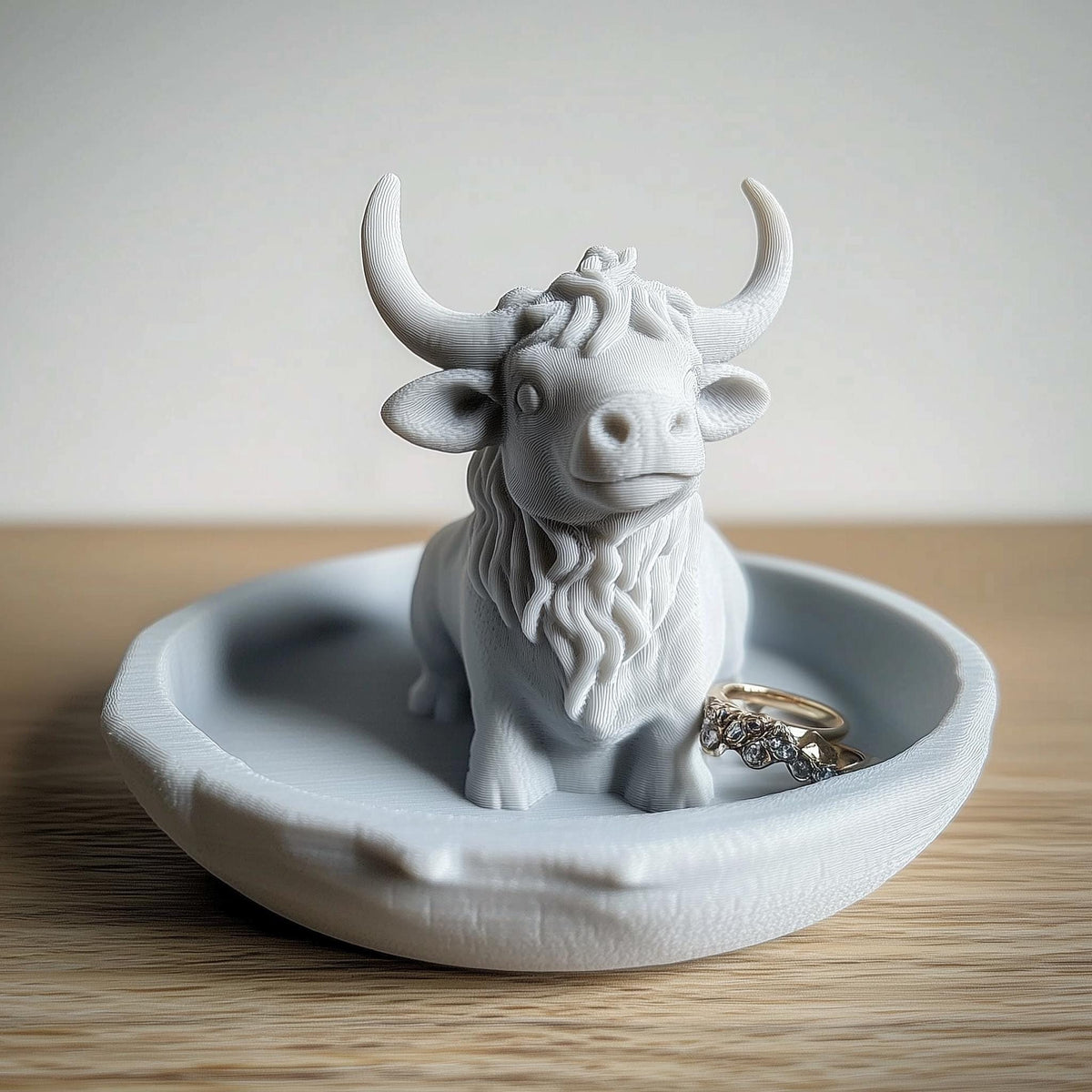 Alternate product presentation of 3D Printed Cow Ring and Jewelry Dish.