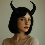 Decorative item preview of subtle curved demon horns headband and a coordinated pair of textured curved horns mounted on a lightweight band