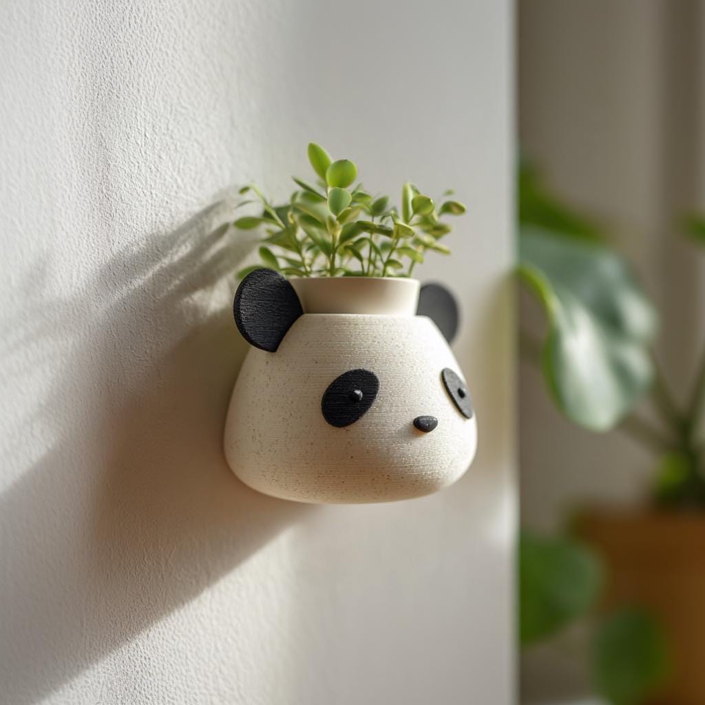 3D printed panda shaped wall planter with rounded facial features