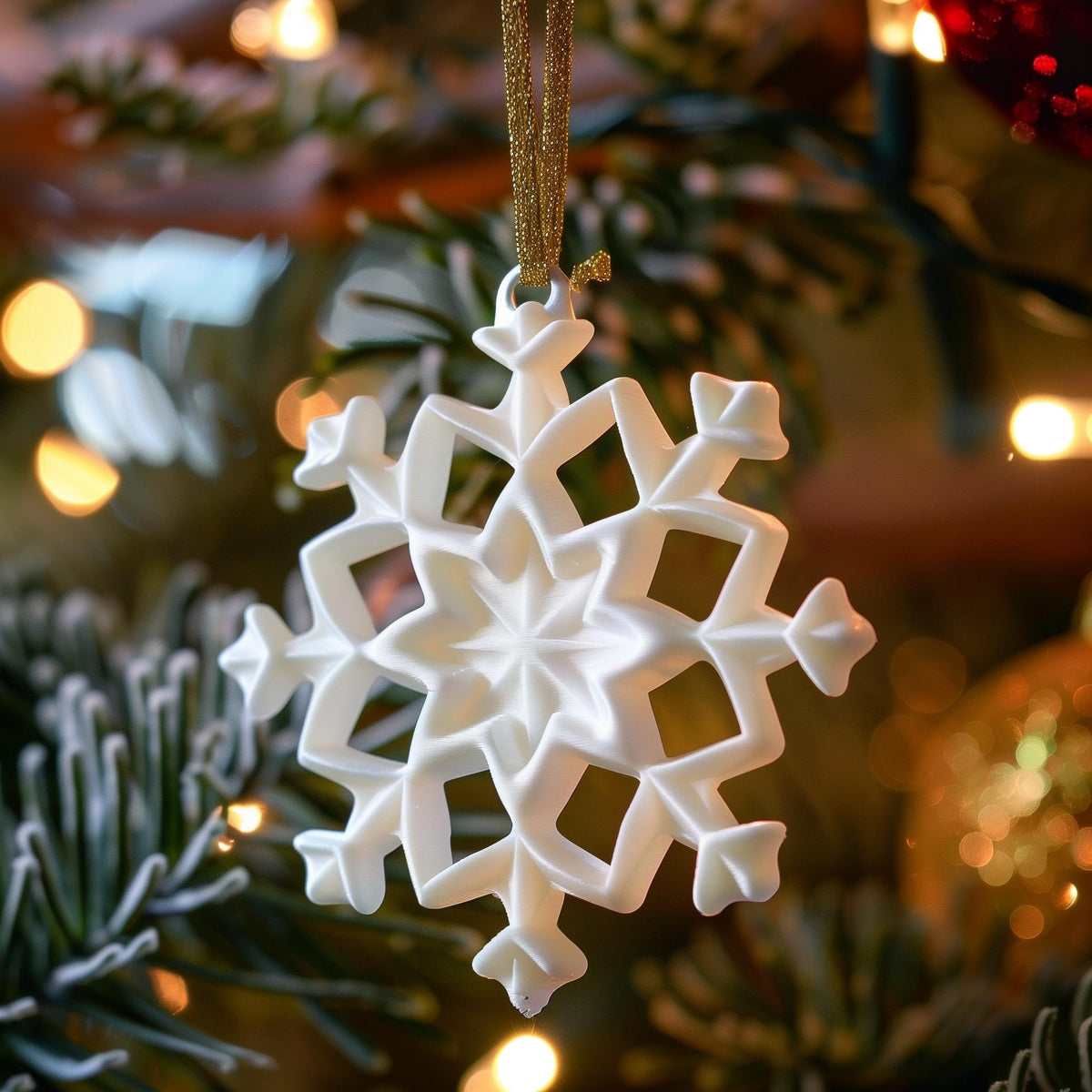 3D printed snowflake ornament made of matte PLA plastic hanging on a Christmas tree, minimalist modern holiday decoration.