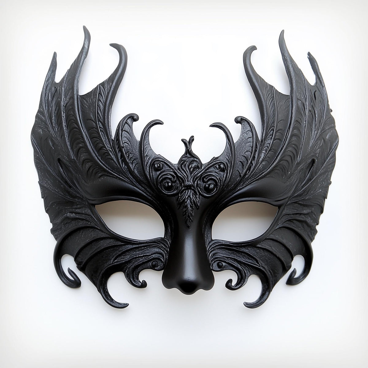 3D printed Gothic masquerade half mask with dark sculptural patterns around the eyes and cheeks.