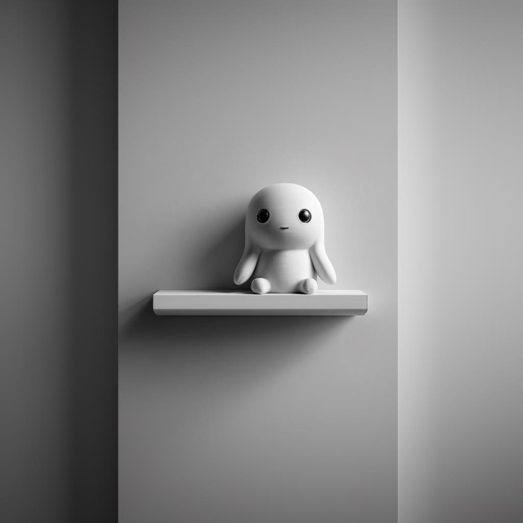 3D printed Bunny Character Wall Shelf with seated bunny like character on a slim ledge