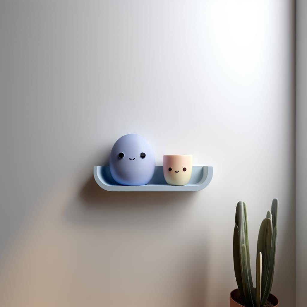 3D printed Egg Friends Wall Shelf with rounded ledge holding a smiling egg character and a small cup character