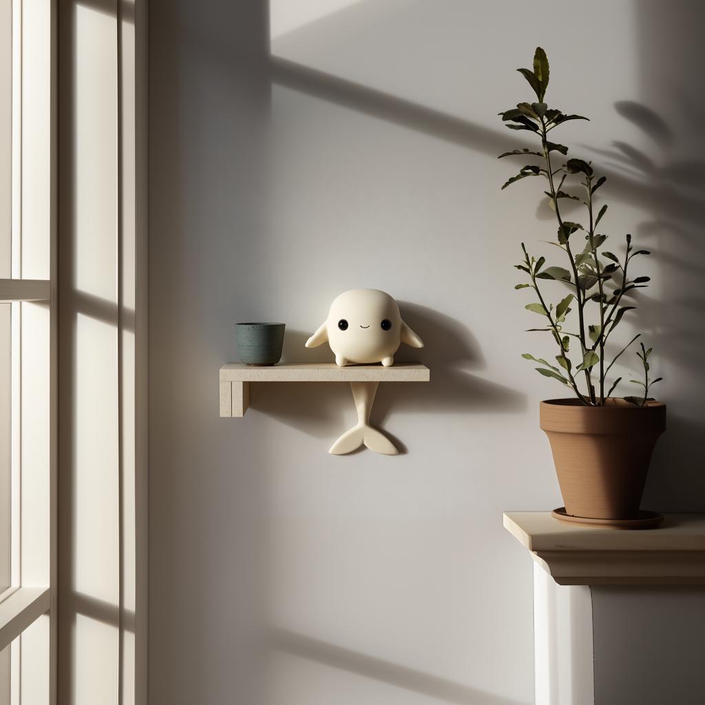 Whale Character Wall Shelf featuring small whale character on the ledge and a tail fin support beneath